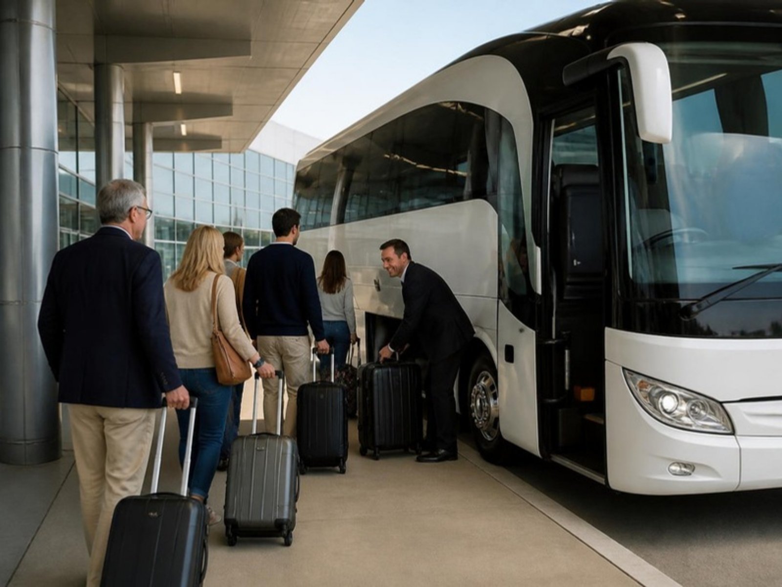 Group boarding a motorcoach at a US airport with help from the driver
