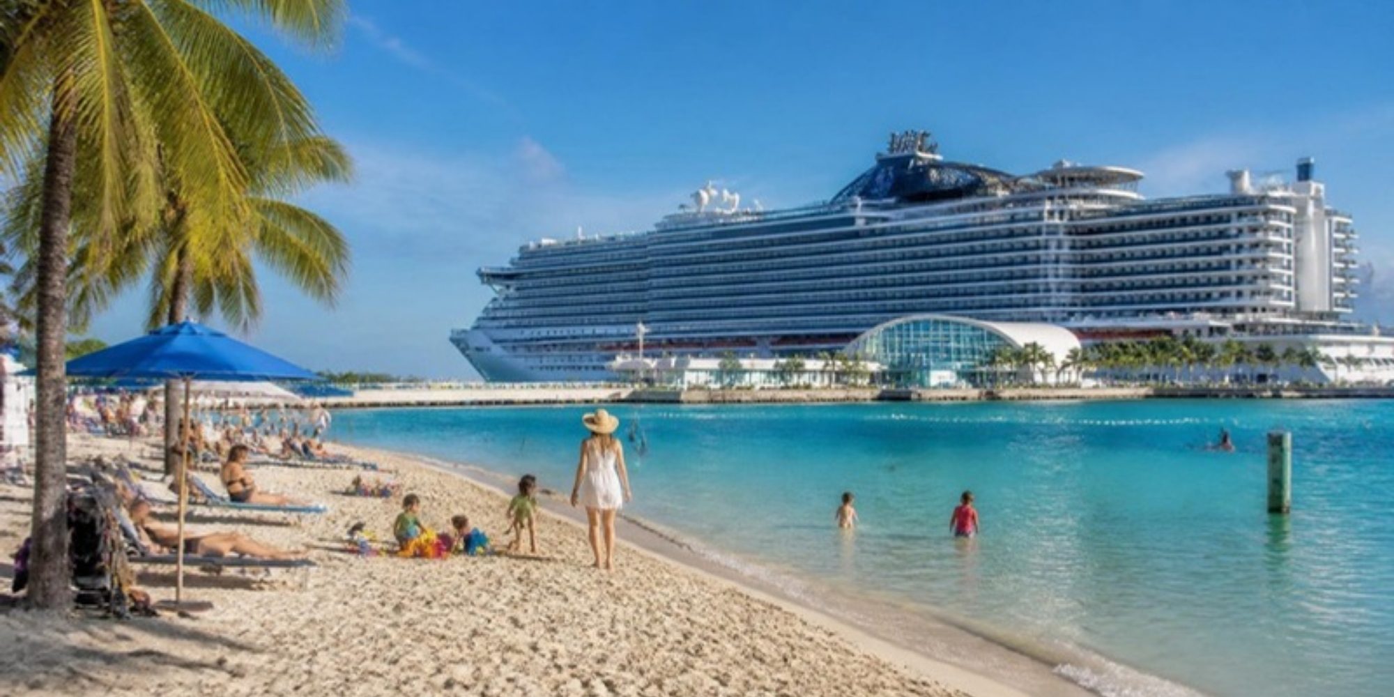 Florida beach with a cruise ship in port
